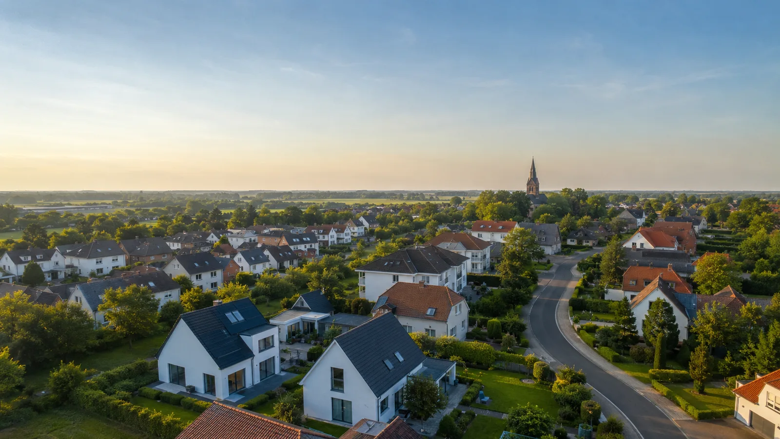 Luftaufnahme eines Wohngebiets am Niederrhein im Abendlicht
