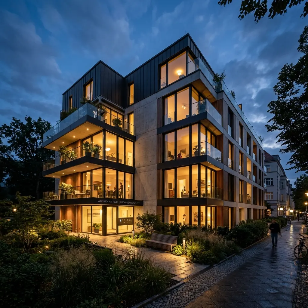 Modernes Mehrfamilienhaus am Abend